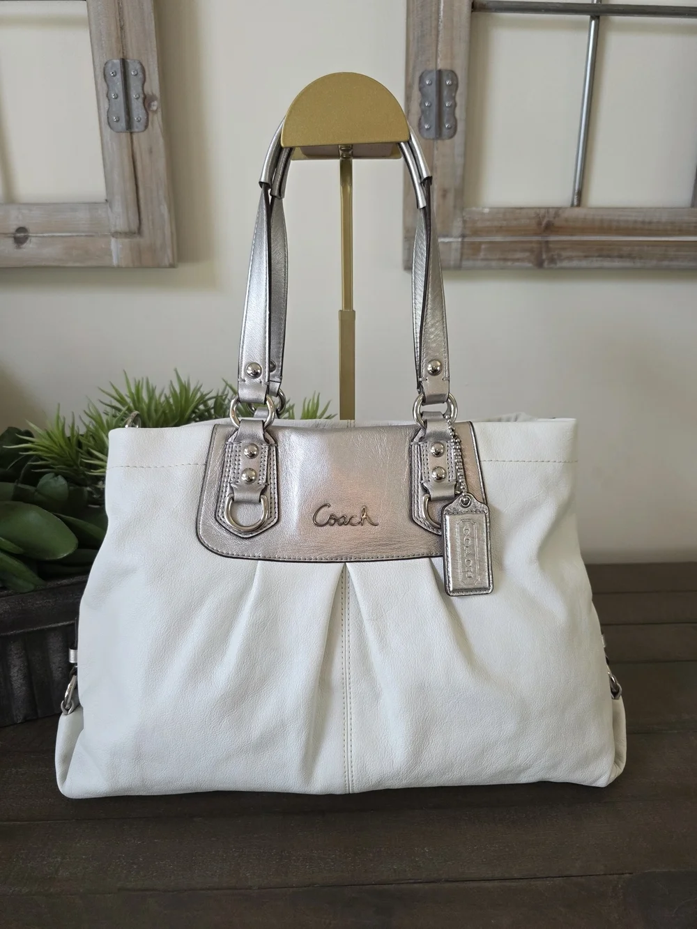 Coach White Leather Tote with Silver Accents